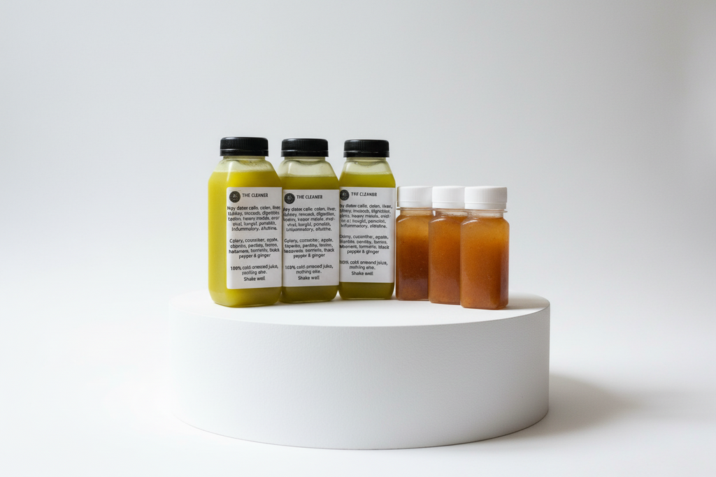 Set of six small bottles with labels on a white surface