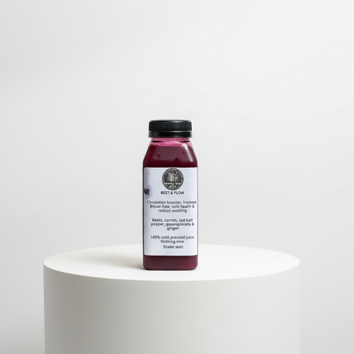 Bottle of juice on a white pedestal with a white background