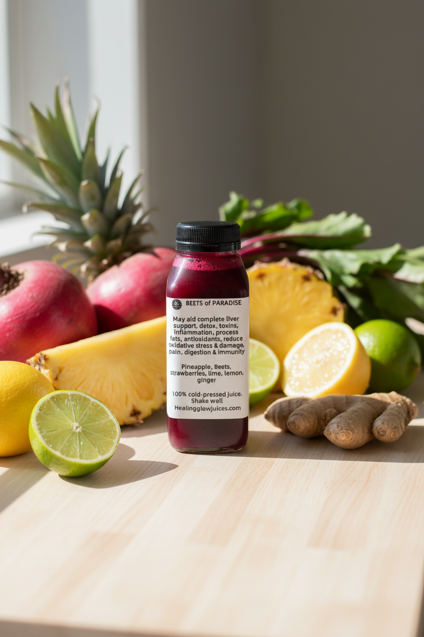 Bottle of juice with ingredients on a wooden surface