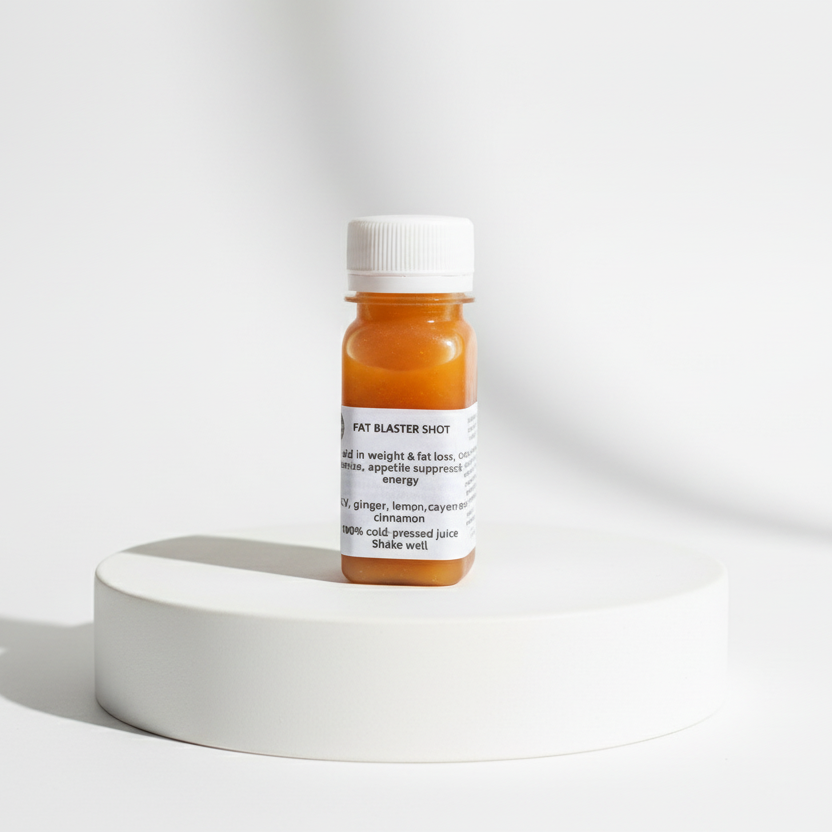 Small bottle of juice on a white pedestal with a white background