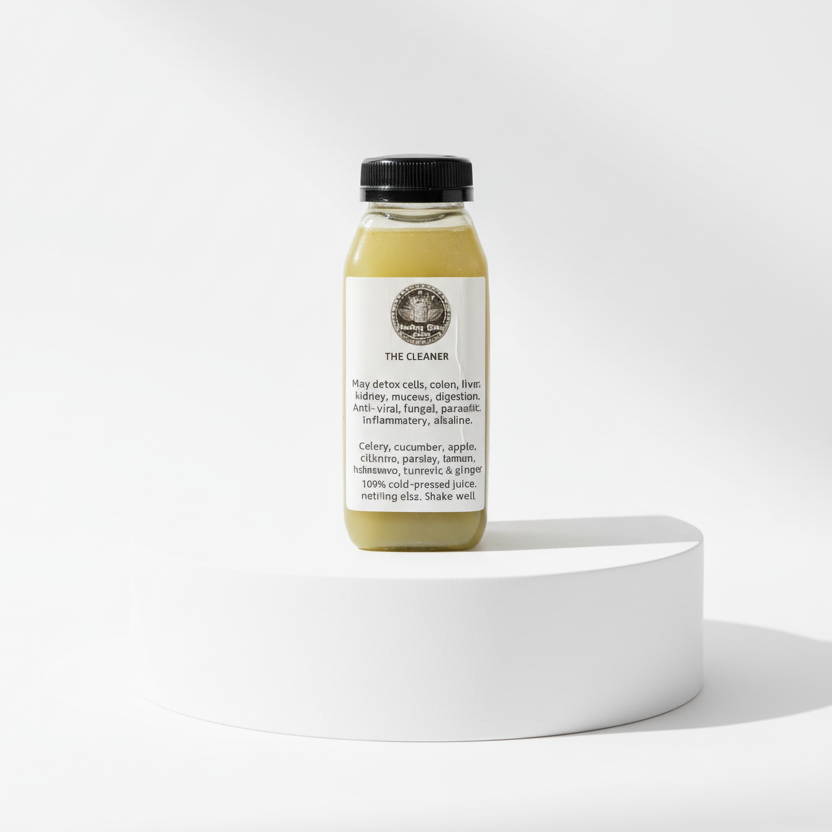 Bottle of 'The Cleanser' on a white pedestal with a white background